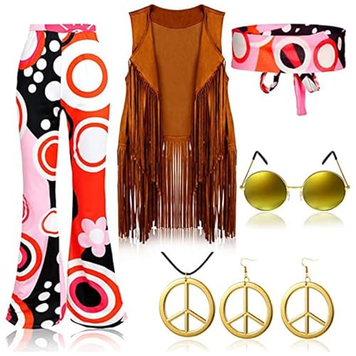 Yavitality 6PCS Hippie Kostüm Damen, 60er 70er Jahre Outfit, Hippie Stirnband Haarband Brille Halskette Ohrringe, Disco Outfit Accessoires Damen, Faschingskostüme Kleid für Karneval Party (3,M) von Yavitality