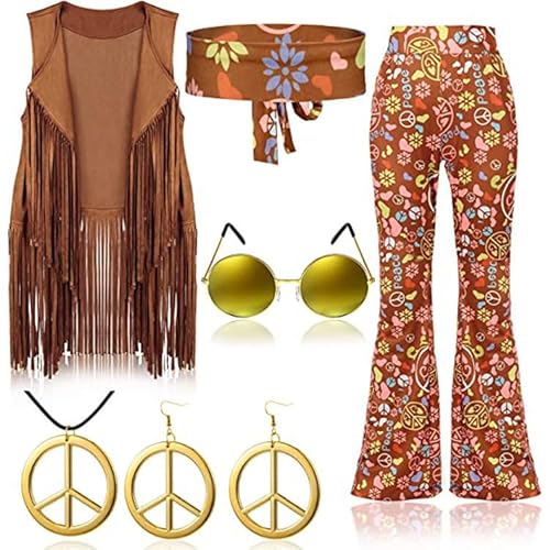 Yavitality 6PCS Hippie Kostüm Damen, 60er 70er Jahre Outfit, Hippie Stirnband Haarband Brille Halskette Ohrringe, Disco Outfit Accessoires Damen, Faschingskostüme Kleid für Karneval Party (4,L) von Yavitality