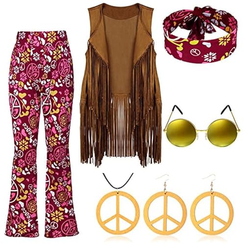 Yavitality 6PCS Hippie Kostüm Damen, 60er 70er Jahre Outfit, Hippie Stirnband Haarband Brille Halskette Ohrringe, Disco Outfit Accessoires Damen, Faschingskostüme Kleid für Karneval Party (5,L) von Yavitality