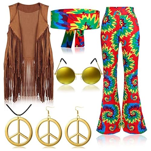 Yavitality 6PCS Hippie Kostüm Damen, 60er 70er Jahre Outfit, Hippie Stirnband Haarband Brille Halskette Ohrringe, Disco Outfit Accessoires Damen, Faschingskostüme Kleid für Karneval Party (6,L) von Yavitality