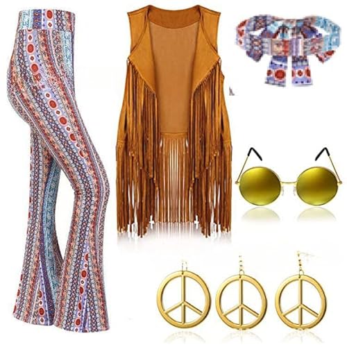 Yavitality 6PCS Hippie Kostüm Damen, 60er 70er Jahre Outfit, Hippie Stirnband Haarband Brille Halskette Ohrringe, Disco Outfit Accessoires Damen, Faschingskostüme Kleid für Karneval Party (7,L) von Yavitality