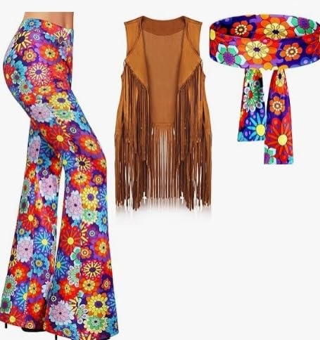 Yavitality 6PCS Hippie Kostüm Damen, 60er 70er Jahre Outfit, Hippie Stirnband Haarband Brille Halskette Ohrringe, Disco Outfit Accessoires Damen, Faschingskostüme Kleid für Karneval Party (8,L) von Yavitality