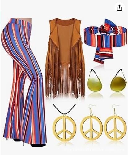 Yavitality 6PCS Hippie Kostüm Damen, 60er 70er Jahre Outfit, Hippie Stirnband Haarband Brille Halskette Ohrringe, Disco Outfit Accessoires Damen, Faschingskostüme Kleid für Karneval Party (9,L) von Yavitality