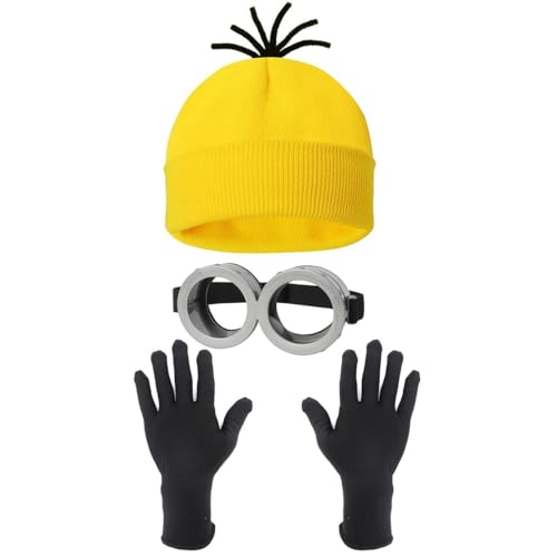 Yavitality Gelbe Mütze Minions,Minioa-Kostü-Zubehör für Erwachsene,Halloween Cosplay, Steampunk Brille mit Augen Gelbe Mütze Schwarze Handschuhe Set (1) von Yavitality