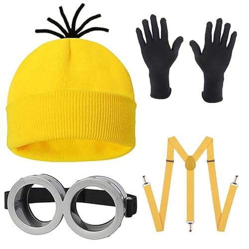 Yavitality Gelbe Mütze Minions,Minioa-Kostü-Zubehör für Erwachsene,Halloween Cosplay, Steampunk Brille mit Augen Gelbe Mütze Schwarze Handschuhe Set (11) von Yavitality