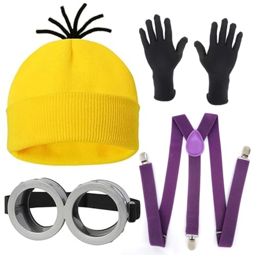 Yavitality Gelbe Mütze Minions,Minioa-Kostü-Zubehör für Erwachsene,Halloween Cosplay, Steampunk Brille mit Augen Gelbe Mütze Schwarze Handschuhe Set (12) von Yavitality