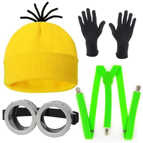 Yavitality Gelbe Mütze Minions,Minioa-Kostü-Zubehör für Erwachsene,Halloween Cosplay, Steampunk Brille mit Augen Gelbe Mütze Schwarze Handschuhe Set (13) von Yavitality