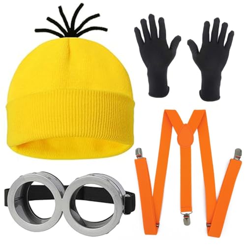 Yavitality Gelbe Mütze Minions,Minioa-Kostü-Zubehör für Erwachsene,Halloween Cosplay, Steampunk Brille mit Augen Gelbe Mütze Schwarze Handschuhe Set (14) von Yavitality