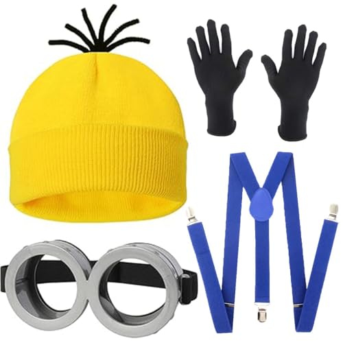 Yavitality Gelbe Mütze Minions,Minioa-Kostü-Zubehör für Erwachsene,Halloween Cosplay, Steampunk Brille mit Augen Gelbe Mütze Schwarze Handschuhe Set (15) von Yavitality