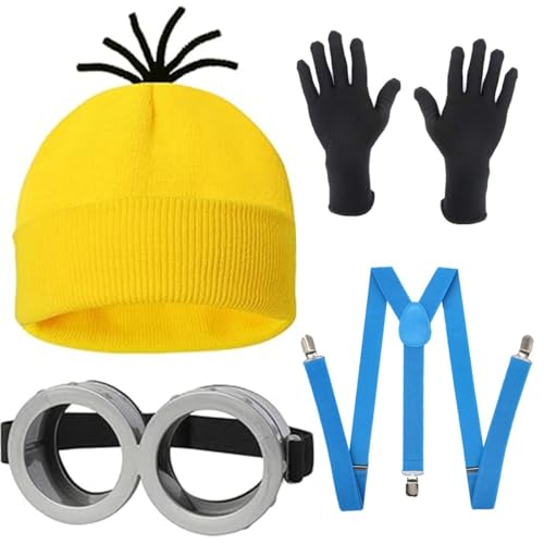 Yavitality Gelbe Mütze Minions,Minioa-Kostü-Zubehör für Erwachsene,Halloween Cosplay, Steampunk Brille mit Augen Gelbe Mütze Schwarze Handschuhe Set (16) von Yavitality