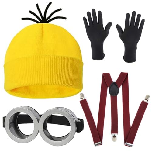 Yavitality Gelbe Mütze Minions,Minioa-Kostü-Zubehör für Erwachsene,Halloween Cosplay, Steampunk Brille mit Augen Gelbe Mütze Schwarze Handschuhe Set (3) von Yavitality