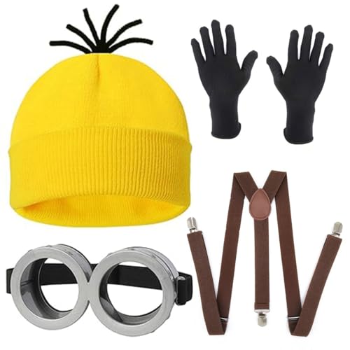 Yavitality Gelbe Mütze Minions,Minioa-Kostü-Zubehör für Erwachsene,Halloween Cosplay, Steampunk Brille mit Augen Gelbe Mütze Schwarze Handschuhe Set (5) von Yavitality