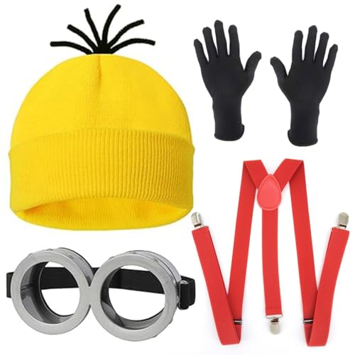 Yavitality Gelbe Mütze Minions,Minioa-Kostü-Zubehör für Erwachsene,Halloween Cosplay, Steampunk Brille mit Augen Gelbe Mütze Schwarze Handschuhe Set (6) von Yavitality