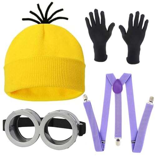 Yavitality Gelbe Mütze Minions,Minioa-Kostü-Zubehör für Erwachsene,Halloween Cosplay, Steampunk Brille mit Augen Gelbe Mütze Schwarze Handschuhe Set (7) von Yavitality