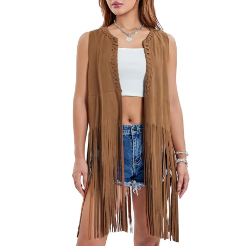 Yavitality Hippie Kostüm Damen Set Fransen ärmellos Weste Hippie Kleidung 60er 70er Jahre Bekleidung Mädchen Disco Outfit Braun Fransenweste Damen Bolero Karneval Faschingskostüme (5,M) von Yavitality