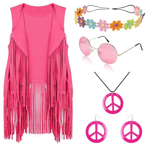 Yavitality Hippie Kostüm Damen Set mit Fransen Weste Hose und Hippie Kleidung Zubehör Boho 60er 70er Bekleidung Disco Outfit Karneval Flower Power Cowgirl Kostüm Damen für Fasching (1,3XL) von Yavitality