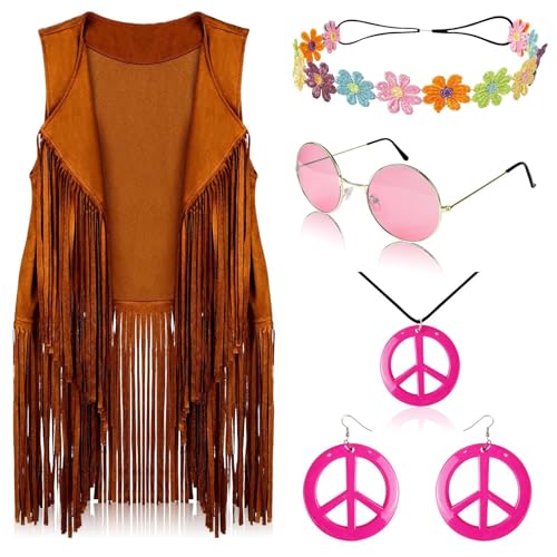 Yavitality Hippie Kostüm Damen Set mit Fransen Weste Hose und Hippie Kleidung Zubehör Boho 60er 70er Bekleidung Disco Outfit Karneval Flower Power Cowgirl Kostüm Damen für Fasching (2,3XL) von Yavitality