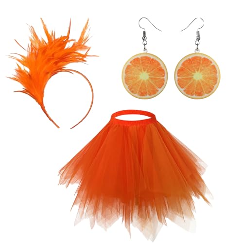 Yavitality Karneval Kostüm Damen Orange Tüll Rock, Obst Acryl Ohrringe, Feder Haarschmuck Karneval Kostüm für Fasching Karneval Motto Party (A) von Yavitality