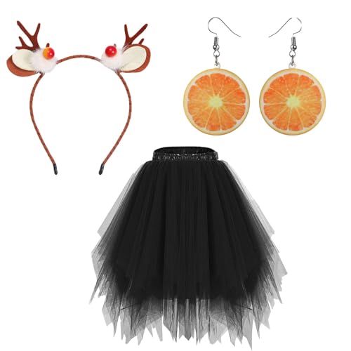 Yavitality Kostüm Damen Tüllrock Orange Faschingskostüme 3-teiliges Oranges Kostüm-Set Tüll Rock Obst Acryl Ohrringe und Haarreif Set Tütü Orangener Karneval Kostüm Cosplay Party Zubehör (C) von Yavitality