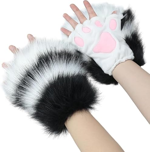 Yavitality Kunstpelz Plüsch pelzige Katze Kralle Handschuhe Fursuit Tier Fuchs Pfoten Fäustlinge Halloween Cosplay Kostüm Zubehör für Erwachsene (d) von Yavitality