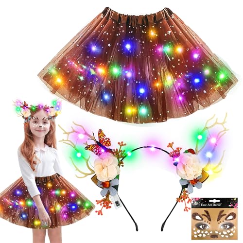 Ycaaeo 3 Rentier Kostüm Kinder, LED Tutu Tüllrock Mädchen, mit Rentier Haarreif LED, Rentier Gesicht Tattoo, Karneval Kostüm Rentier, Weihnachten/Halloween/Karneval Cosplay Tierkostüme von Ycaaeo