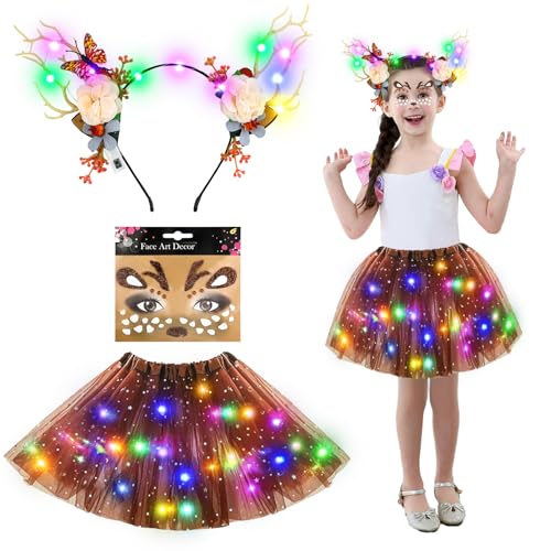 3 Rentier Kostüm Kinder, LED Tutu Tüllrock Mädchen, mit Rentier Haarreif LED, Rentier Gesicht Tattoo, Karneval Kostüm Rentier, Weihnachten/Halloween/Karneval Cosplay Tierkostüme von Ycaaeo