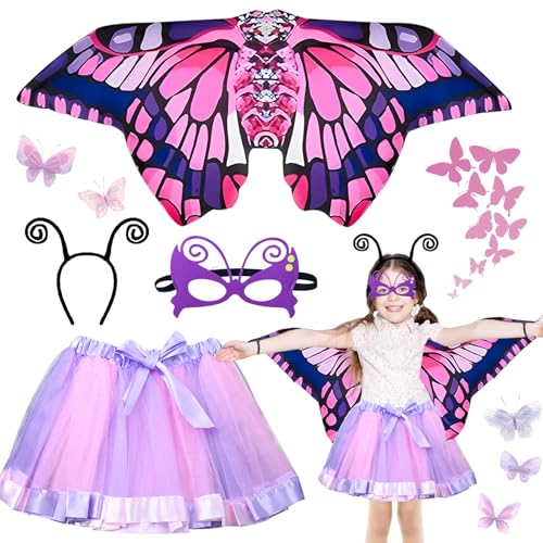 4er Schmetterling Kostüm Kinder Set, karneval kostüm kinder schmetterling, mit Schmetterlingsflügel, Tutu Rock Kinder, Haarreif, Maske, Schmetterling Kostüm Mädchen, für Karneval/Maskerade/Mottoparty von Ycaaeo