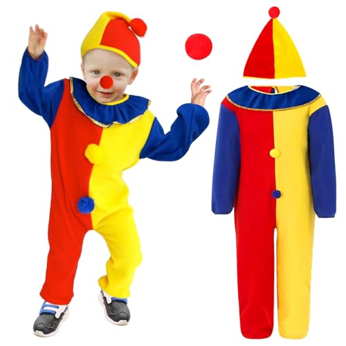 Clown Kostüm Kinder, Clown Kostüm Kinder Karneval, Kostüm Jumpsuit Clown Kinder, mit Clown Nase und Clown Hat, Clown Kostümzubehör, Karneval Cosplay Costume für Kleinkind Junge Mädchen (M 110~120cm) von Ycaaeo