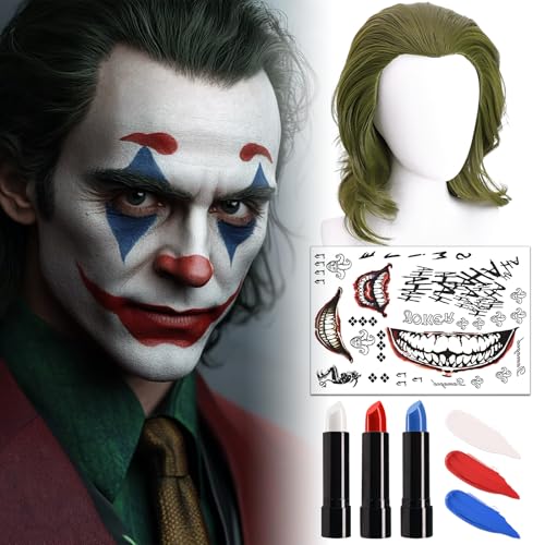 Joker Perücke Herren Grün mit Joker Tattoos Suicide Squad,Rot Weiß Blau Make-up Gesichtsfarbe und Schwarze Haarnetz,Perücke Joker Grün für Fasching Halloween Karneval Kostüm von Ycaaeo