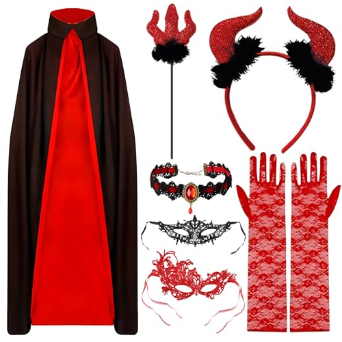 Ycaaeo Vampir Umhang Damen,Teufel Kostüm Damen mit Kragen,Teufelshörner,Teufelsgabel,Rubin-Halskette,2 Spitzenmasken,Spitzenhandschuhe,Vampir Kostüm für Halloween Karneval Cosplay von Ycaaeo