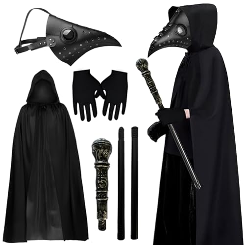 Pestdoktor Kostüm Herren,Plague Doctor Costume mit Schnabelmaske,Zepter Halloween,Schwarzer Umhang mit Kapuze und Handschuhen,Pest Ärzte Maske Seuchendoktor Kostüm pour Halloween Cosplay Karneval von Ycaaeo