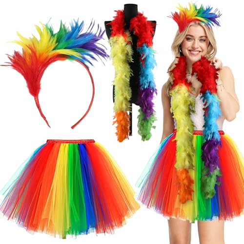 Ycaaeo 3er karneval Kostüm Damen Regenbogen, Tüllrock Bunt Damen, mit Regenbogen Haarreif Karneval, Regenbogen Federboa, Regenbogen Kostüm Damen, Kostüme und Accessoires für Karnevalspartys von Ycaaeo