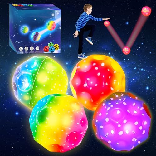 Ycaaeo 4 Stück Jump Ball Leuchtend mit Geschenkbox Flummiball High Bouncing Galaxy Moon Spaceballs Leuchtender Springball für Kinder Outdoor & Indoor von Ycaaeo