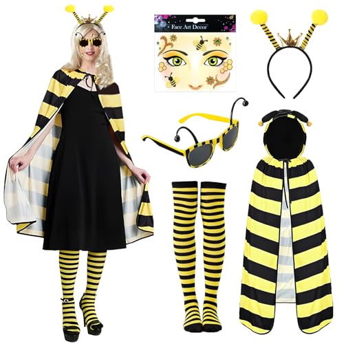 Ycaaeo 5 Stück Bienen Umhang Kostüm Damen Set,Bienenkostüm Erwachsene mit Bienen Haarreif Überkniestrümpfe Bienen Brille Gesichtstattoo für Damen Karneval Fasching Party von Ycaaeo