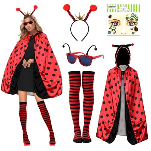 Ycaaeo 5 Stück Rot Bug Umhang Kostüm Set,Rot Bug Damen mit Rot Bug Haarreif Rot Überkniestrümpfe Rot Bug Brille Gesichtstattoo für Damen Karneval Fasching Party von Ycaaeo