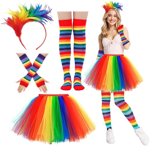 Ycaaeo 6 Stück Regenbogen Kostüm Damen mit Regenbogen Tüllrock,Bunte Feder Haarbänder,Kniestrümpfe Damen Bunt,Fingerlose Handschuhe,Regenbogen Papagei Kostüm Damen für Fasching Karneval Rollenspiele von Ycaaeo