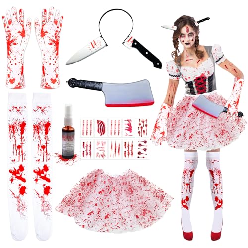 Blut Kostüm Damen Set, Halloween Blut Tutu, mit Halloween Blutige Strümpfe, Handschuhe Blut, Kunstblut Spray, Haarreif Messer, Messer Spielzeug, Halloween Tattoo Narben, Blutbefleckte Halloween Kostüm von Ycaaeo