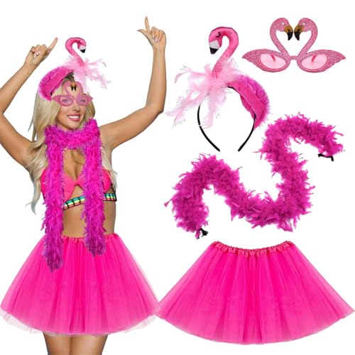 Ycaaeo Flamingo Kostüm Damen,Flamingo Accessoires Kostüm mit Rosa Tüllrock Tutu Rock,Flamingo Haarreif,Federboa Rosa Pink Flamingo Gläser für Hawaii Karneval Fasching Sommer Party von Ycaaeo