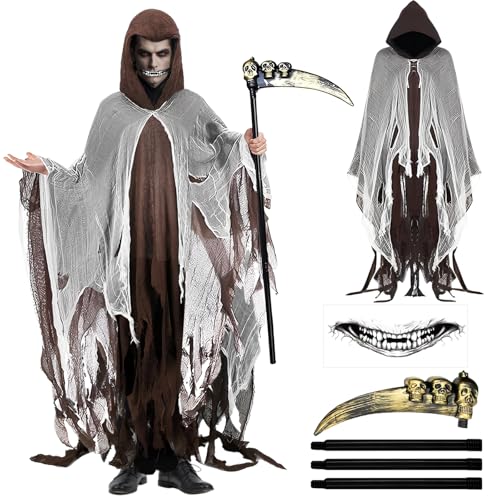 Ycaaeo Halloween Gespenstischer Geist Kostüm,Sensenmann Kostüm Herren,Halloween Kostüm Herren Gruselig,Sensenmann Umhang mit Kapuze,Zerrissenen Robe mit Sensen Tattoo für Halloween Karneval Cosplay von Ycaaeo