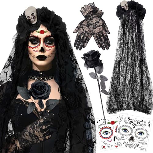 Ycaaeo Halloween Kopfschmuck 100CM Rosen Tag Der Toten Haarreif mit Spitzenhandschuhe und Gesicht Tattoos,Mexikanische Stirnband Rosen,Tag Der Toten Haarrei für Frauen Damen Kostüm Accessoires von Ycaaeo