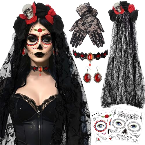 Ycaaeo Halloween Kopfschmuck 100CM Rosen Tag Der Toten Haarreif mit Spitzenhandschuhe und Gesicht Tattoos,Rubin-Halsband und Rubin-Ohrringe,Tag Der Toten Haarrei für Frauen Damen Kostüm Accessoires von Ycaaeo