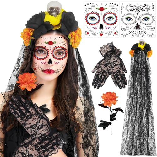 Ycaaeo Halloween Kopfschmuck 100CM Rosen Tag Der Toten Haarreif mit Spitzenhandschuhe und Gesicht Tattoos,Mexikanische Stirnband Rosen,Tag Der Toten Haarrei für Frauen Damen Kostüm Accessoires von Ycaaeo