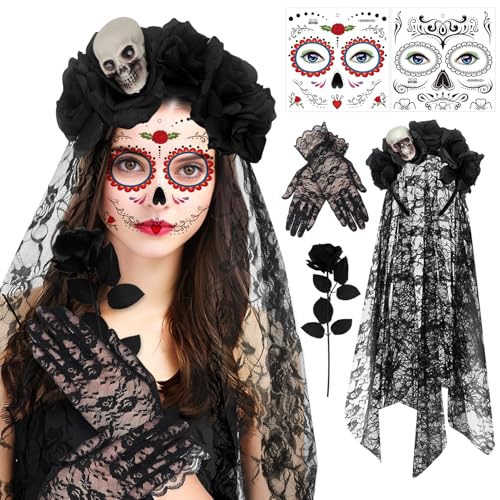 Ycaaeo 100CM Halloween Kopfschmuck Rosen Tag Der Toten Haarreif mit Spitzenhandschuhe und Gesicht Tattoos,Mexikanische Stirnband Rosen,Tag Der Toten Haarrei für Frauen Damen Kostüm Accessoires von Ycaaeo