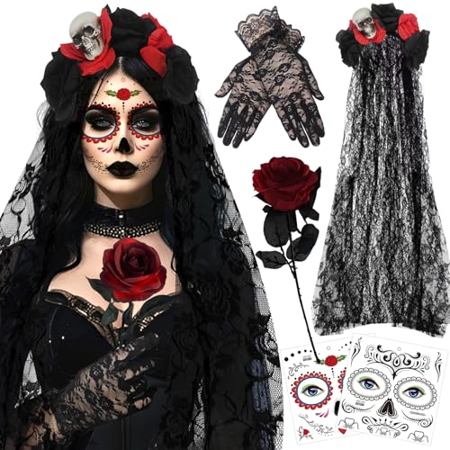 Ycaaeo Halloween Kopfschmuck 100CM Rosen Tag Der Toten Haarreif mit Spitzenhandschuhe und Gesicht Tattoos,Mexikanische Stirnband Rosen,Tag Der Toten Haarrei für Frauen Damen Kostüm Accessoires von Ycaaeo