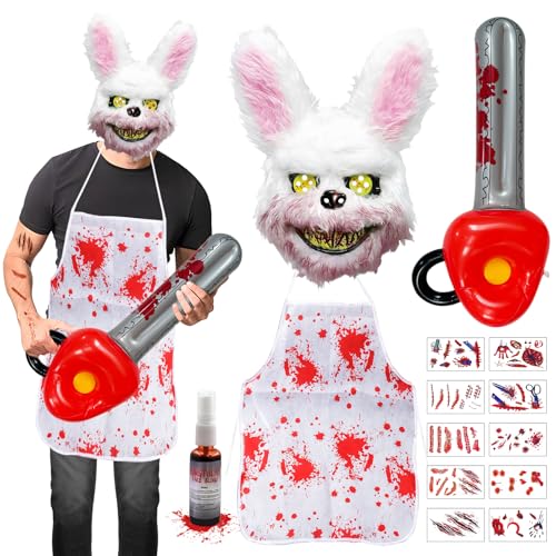 Halloween Kostüm Horror Hase, Bloody Kaninchen Maske, mit Blutige Schürze Halloween, Aufblasbare Kettensäge, Tattoo Aufkleber, Kunstblut Halloween, Halloween-Kostüme für Männer und Frauen von Ycaaeo