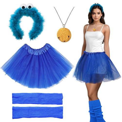 Ycaaeo 5er-Set Krümelmonster Kostüm Damen,Krümelmonster Kostüm Accessoires mit Blau Tüllrock,Krümelmonster Haarreif,Krümelmonster Halskette,Blau Bein Stulpen,für Karneval Mottoparty Cosplay von Ycaaeo