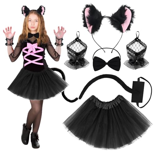 Ycaaeo Katzenkostüm Mädchen,Katze Cosplay Set mit Tüllrock,Katzenohren Haarreif,Schleif Fliege,2 Spitzenärmel,Katzen Kostüm Kinder für Mädchen Karneval Fasching Halloween Party von Ycaaeo