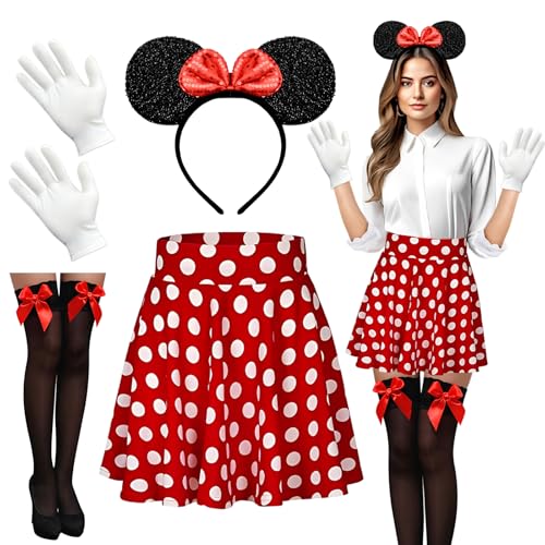 Ycaaeo Mini Maus Kostüm Damen mit Rote Gepunktet Kleid,Mini Mouse Haarreif,Oberschenkel Kniestrümpfe mit Schleifen,Rote Kleid und Handschuhe,Mini Maus Kostüm Set Für Fasching Karneval Kostümparty von Ycaaeo