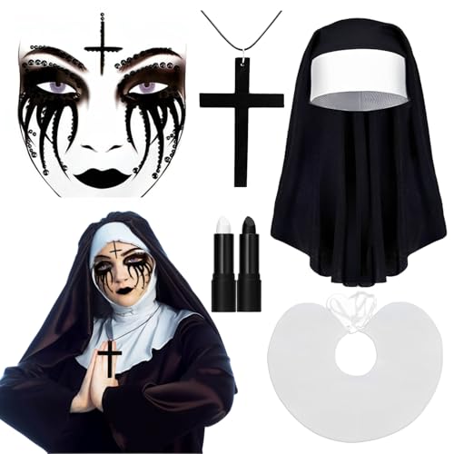 Ycaaeo Nonne Kostüm,6 Stück Halloween Erwachsene Nonne Rollenspiel Set mit Nonne Kopfschmuck,Kragen,Tattoo Gesicht,Kreuz Halskette,Schwarz-Weiß Lippenstift für Halloween Karneval Kostüm von Ycaaeo