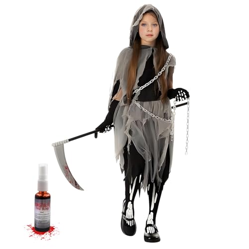 Ycaaeo Sensenmann Mädchen Kostüm mit Sichel,Kunstblut,Taillenkette,Skelett Handschuhe,Strumpfhose,Kinder Mädchen Halloween Geist Kostüm Kleid für Halloween Karnevals Cosplay von Ycaaeo